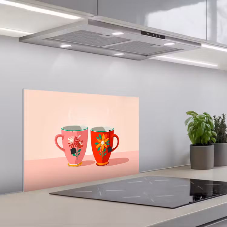 Kitchen splashback for hob - Teacups - Floral patterns - Pink - Tea bags — 1