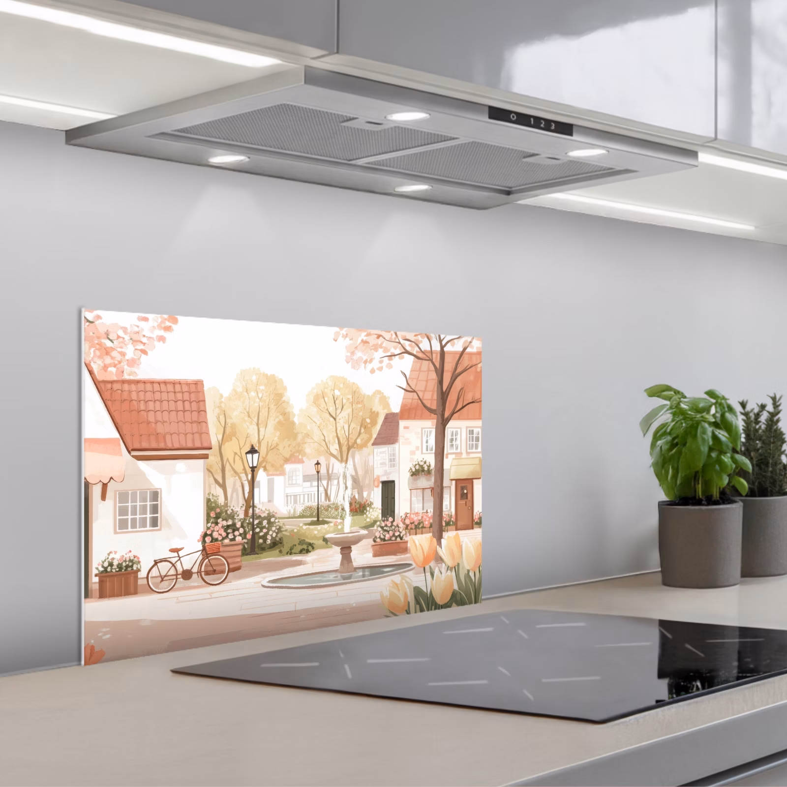 Kitchen splashback for hob - Village square - Fountain - Tulips — 1