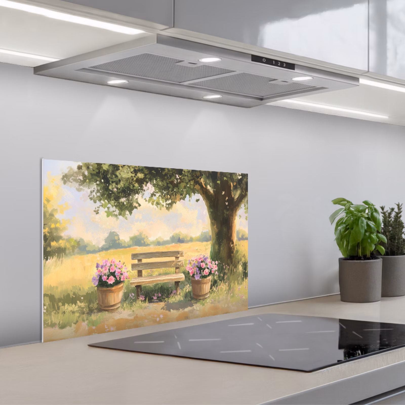 Kitchen splashback for hob - Wooden bench - Flower pots - Landscape — 1