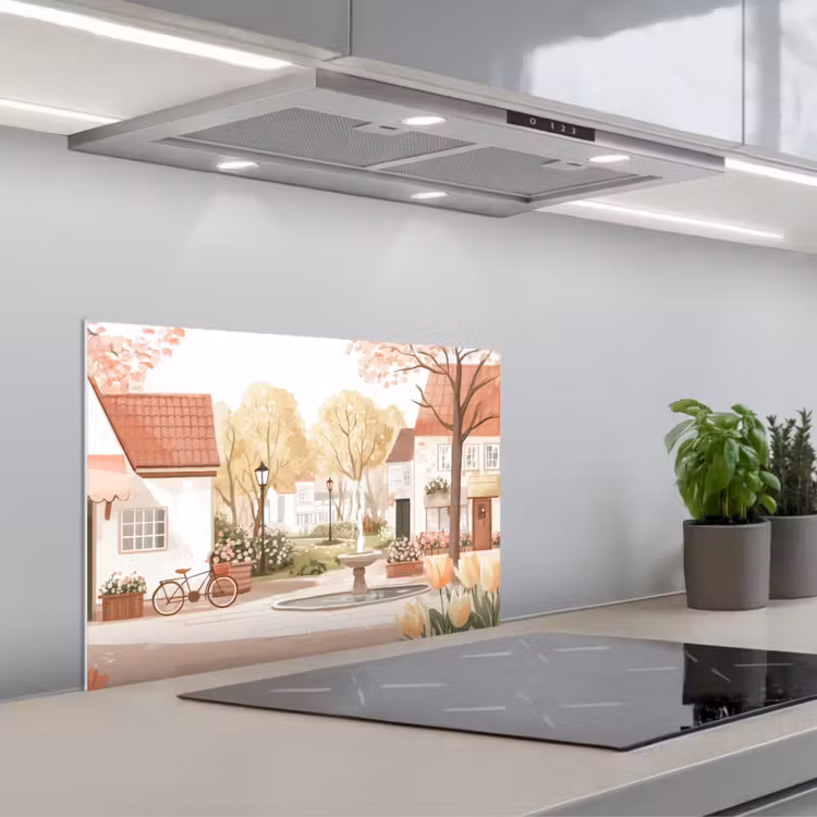 Kitchen splashback for hob - Village square - Fountain - Tulips — 1