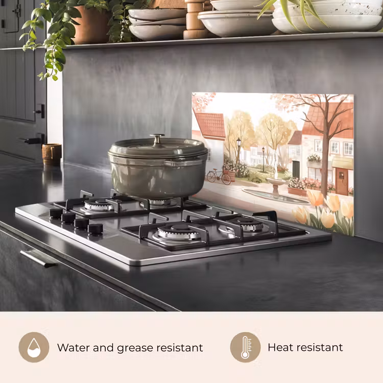Kitchen splashback for hob - Village square - Fountain - Tulips — 2