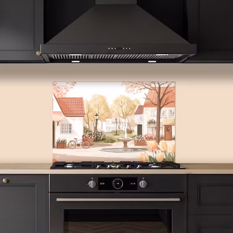 Kitchen splashback for hob - Village square - Fountain - Tulips — 5
