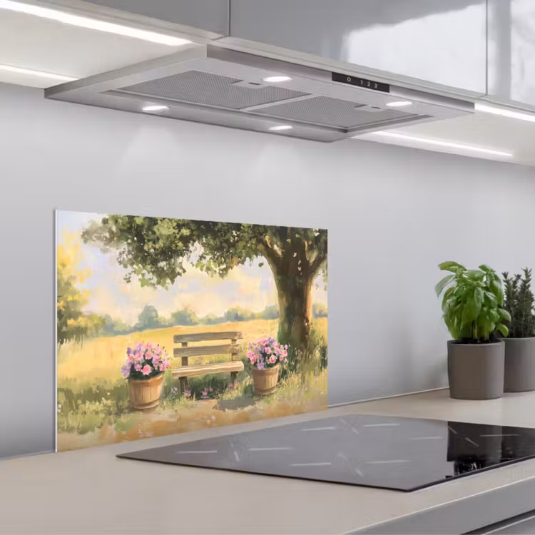 Kitchen splashback for hob - Wooden bench - Flower pots - Landscape — 1