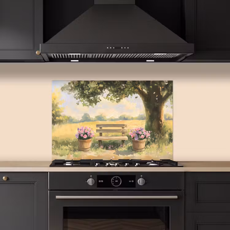 Kitchen splashback for hob - Wooden bench - Flower pots - Landscape — 5