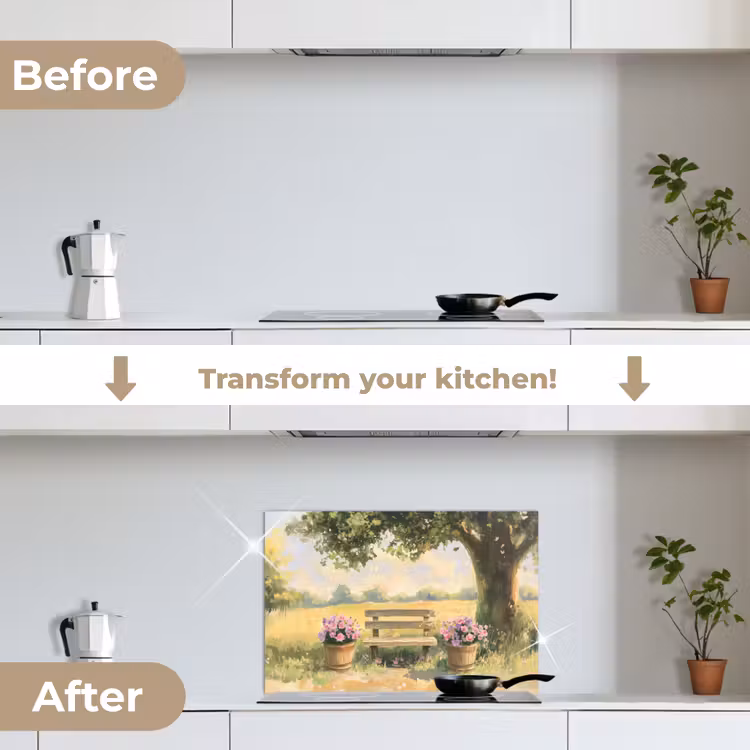 Kitchen splashback for hob - Wooden bench - Flower pots - Landscape — 7