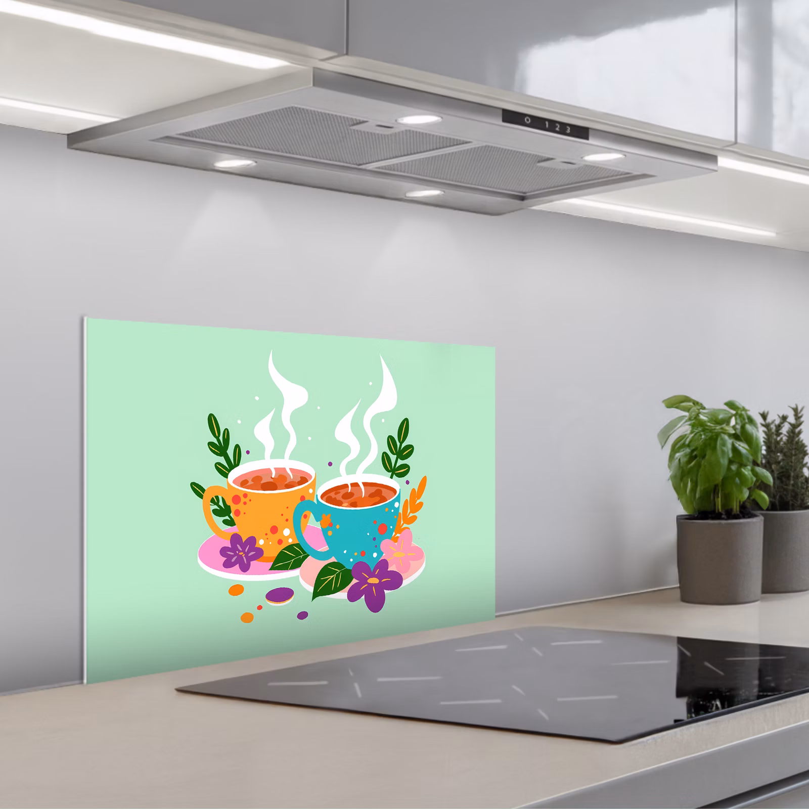 Kitchen splashback for hob - Tea - Illustration - Cups - Flowers — 1