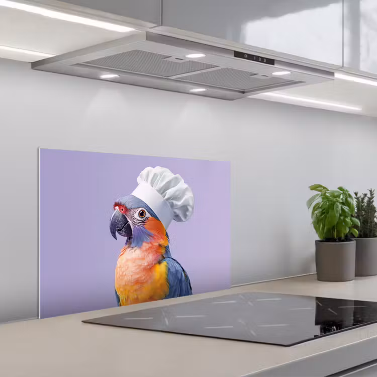Kitchen splashback for hob - Parrot - Cook's hat - Purple - Cute — 1