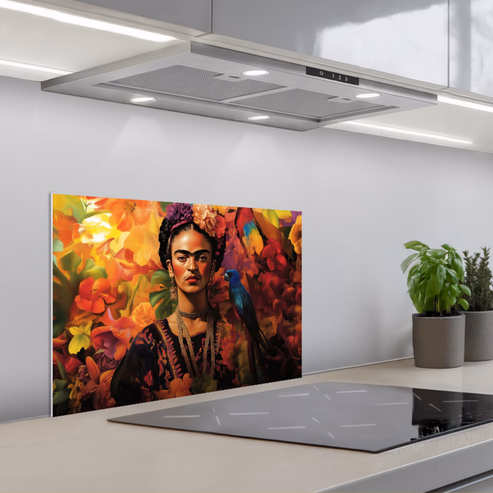 Kitchen splashback for hob - Woman - Flowers - Parrot - Picturesque — 1