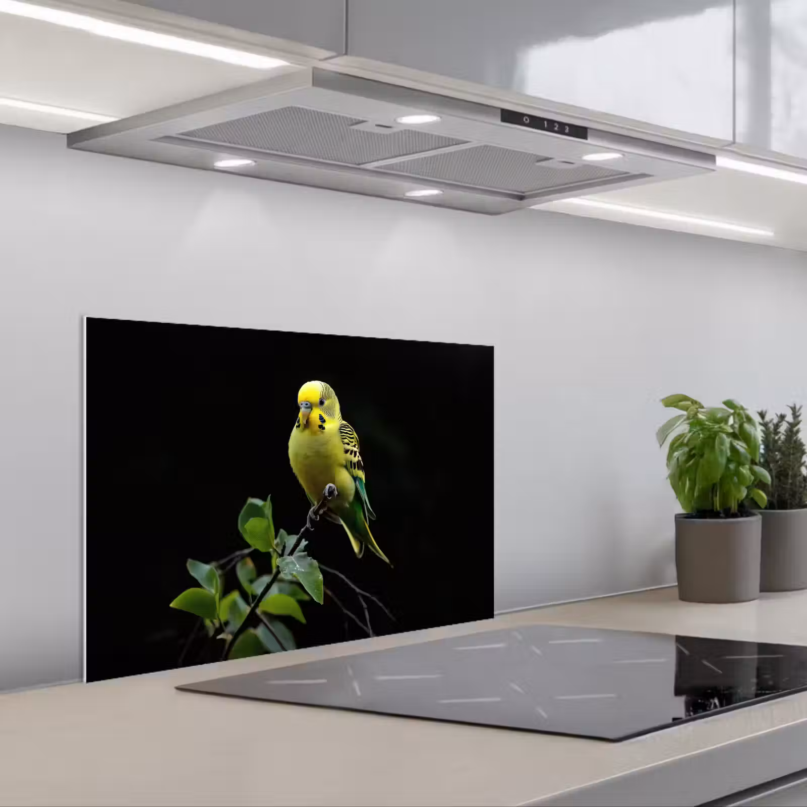 Kitchen splashback for hob - Parakeet - Branch - Leaves - Yellow — 1