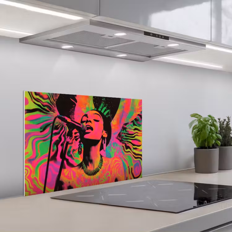 Kitchen splashback for hob - Neon - Woman - Microphone — 1