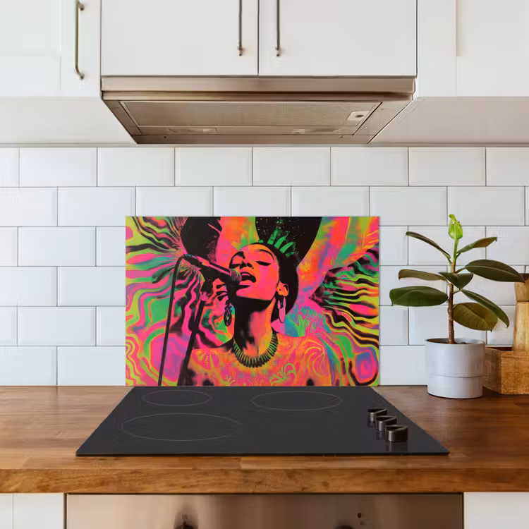 Kitchen splashback for hob - Neon - Woman - Microphone — 3