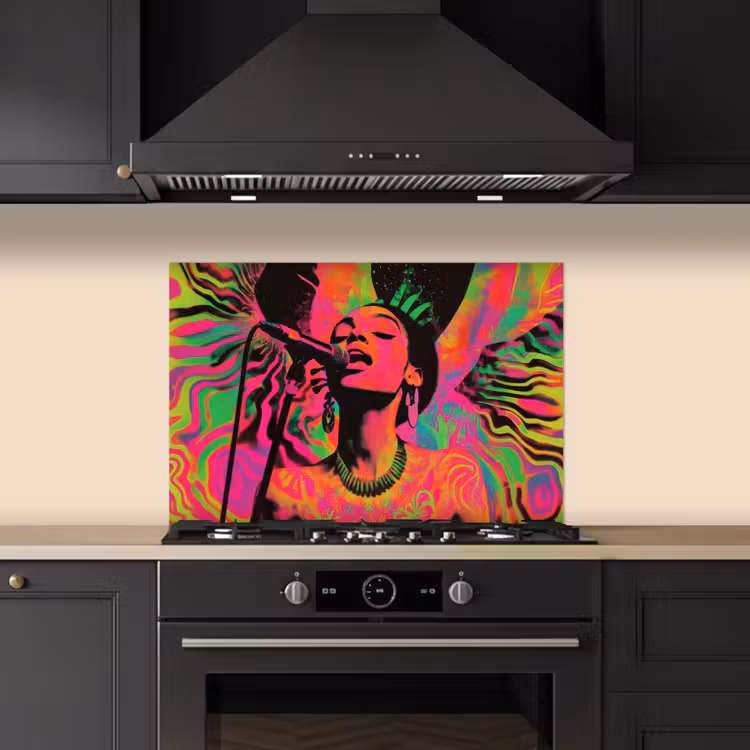 Kitchen splashback for hob - Neon - Woman - Microphone — 5