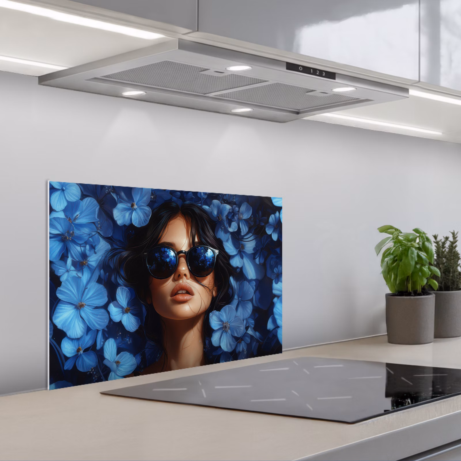 Kitchen splashback for hob - Woman - Blue - Flowers - Butterflies - Nature — 1