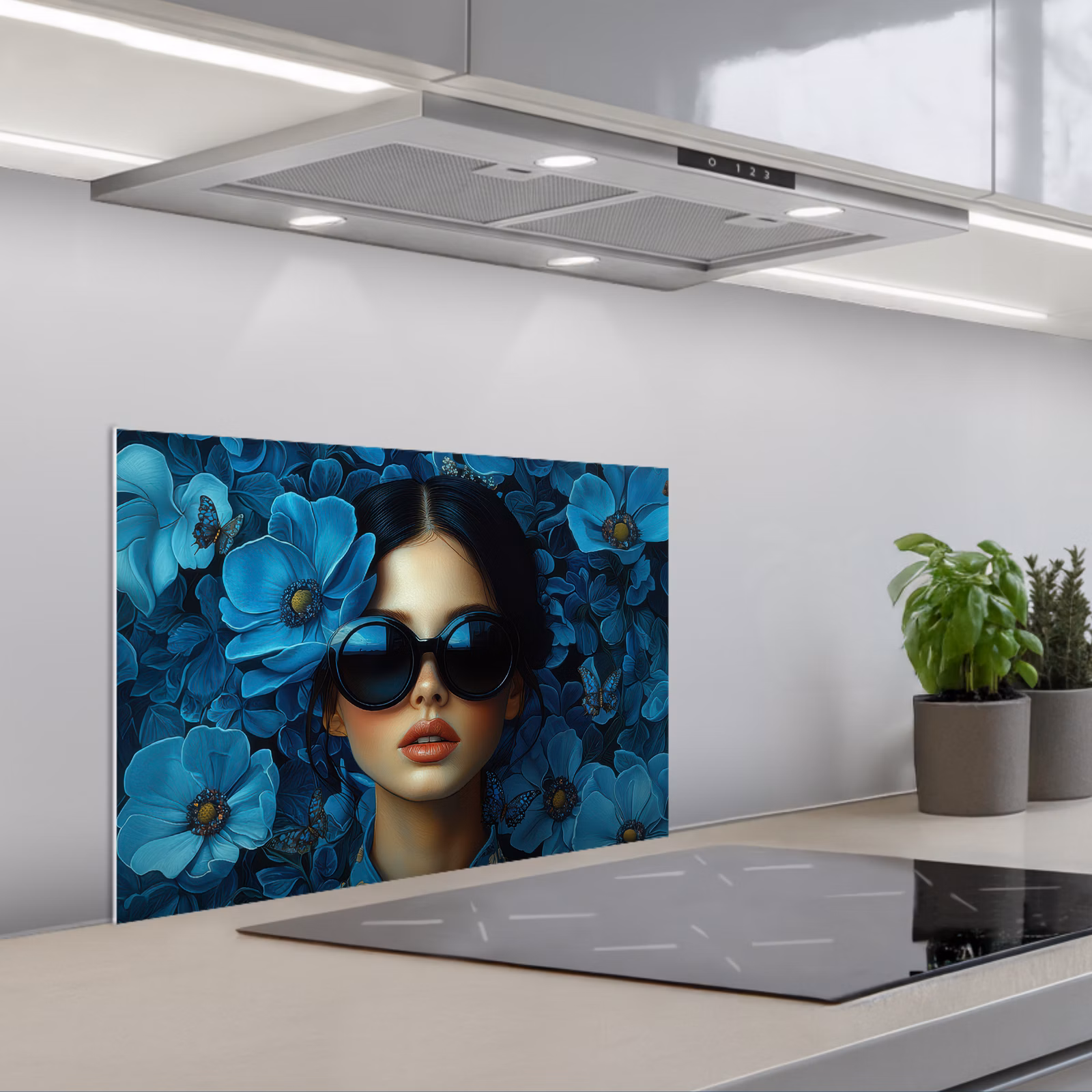Kitchen splashback for hob - Woman - Flowers - Blue - Aesthetic - Luxury — 1
