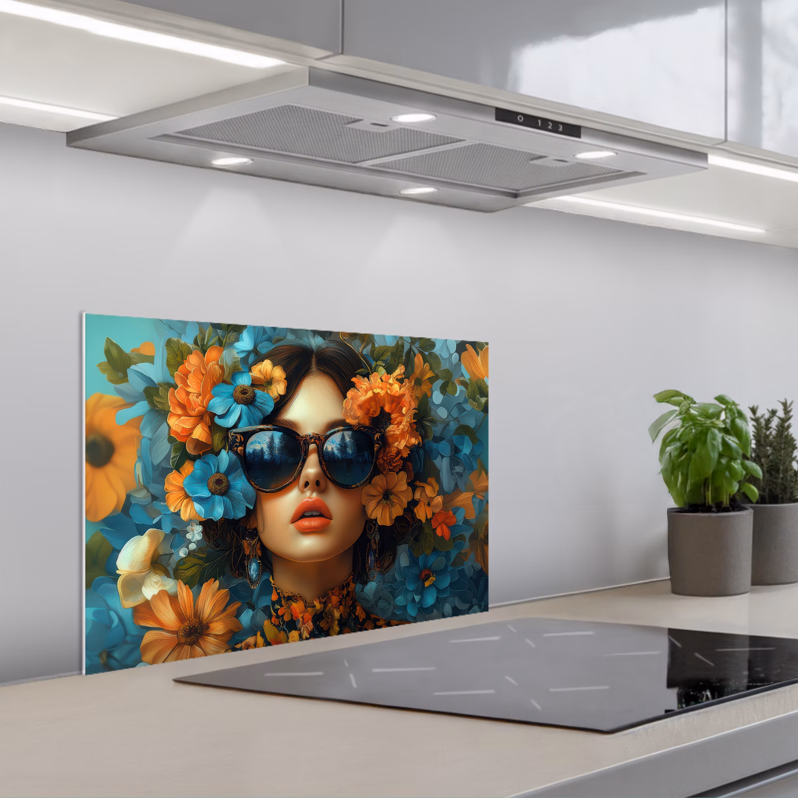 Kitchen splashback for hob - Woman - Flowers - Orange - Blue - Modern — 1