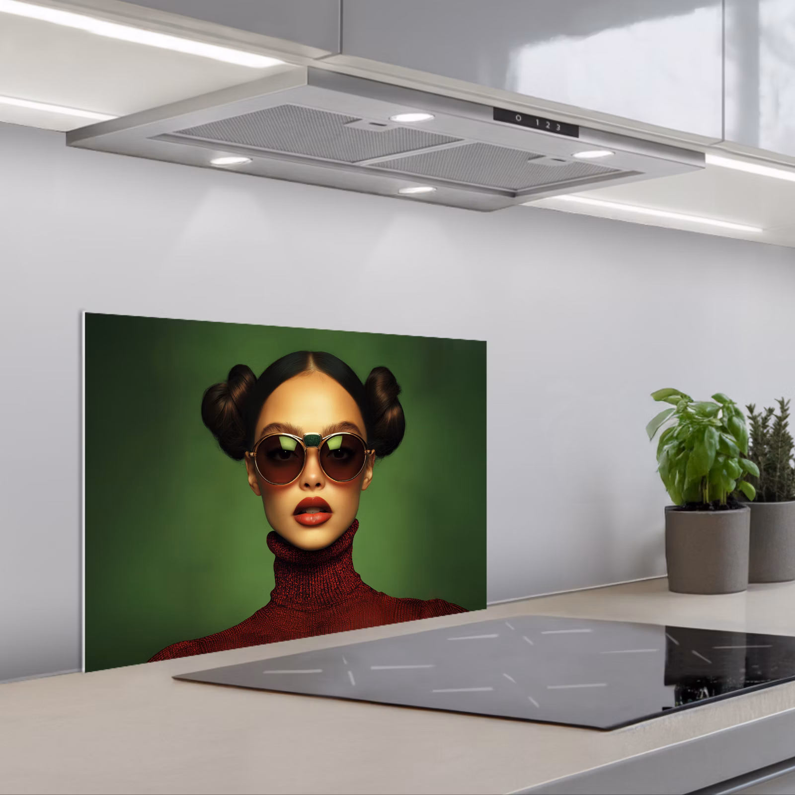 Kitchen splashback for hob - Woman - Green - Glasses - Aesthetic - Modern — 1