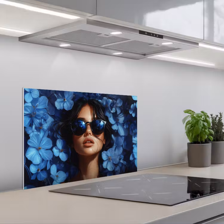 Kitchen splashback for hob - Woman - Blue - Flowers - Butterflies - Nature — 1