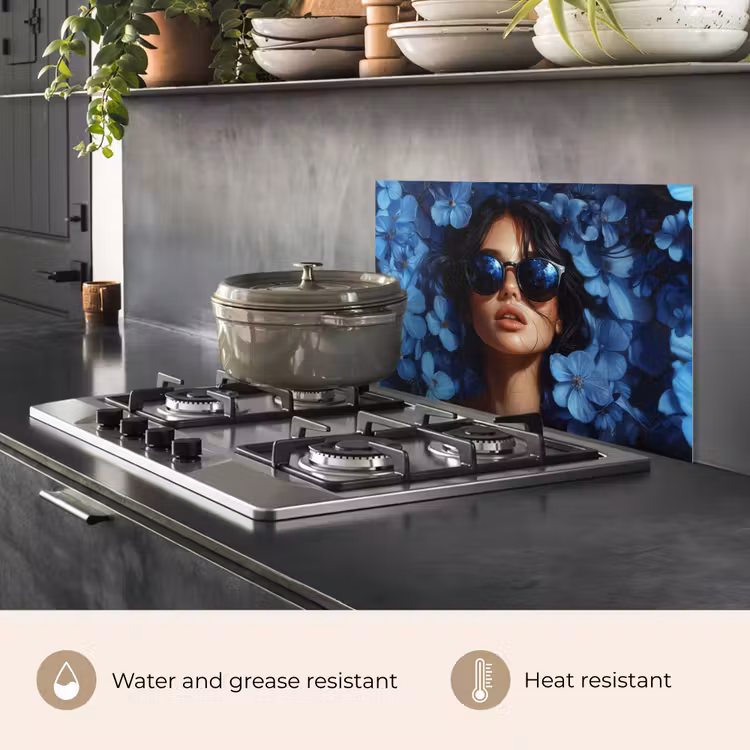 Kitchen splashback for hob - Woman - Blue - Flowers - Butterflies - Nature — 2