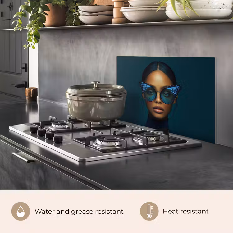 Kitchen splashback for hob - Woman - Butterfly - Glasses - Blue - Modern - Portrait — 2