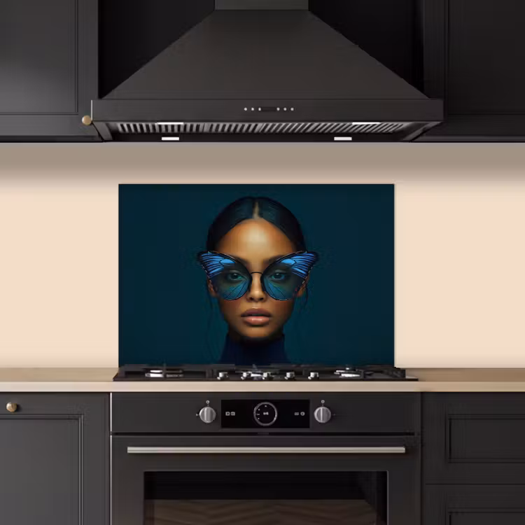 Kitchen splashback for hob - Woman - Butterfly - Glasses - Blue - Modern - Portrait — 5