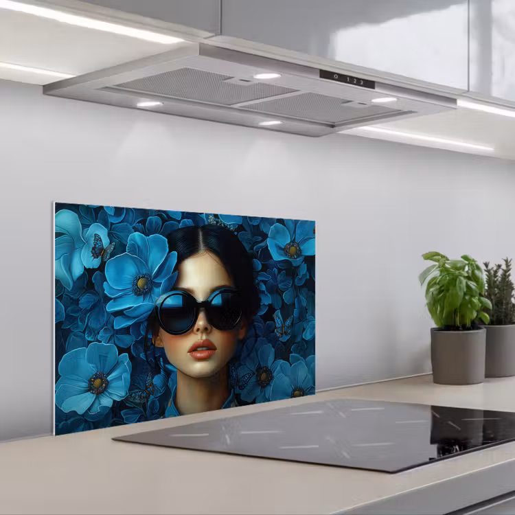 Kitchen splashback for hob - Woman - Flowers - Blue - Aesthetic - Luxury — 1