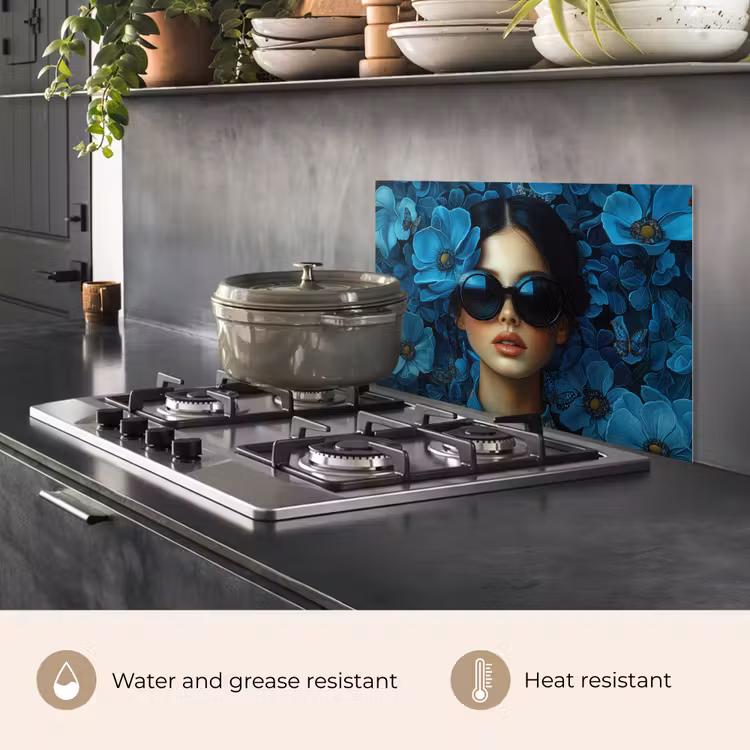 Kitchen splashback for hob - Woman - Flowers - Blue - Aesthetic - Luxury — 2