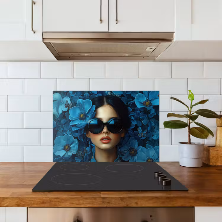 Kitchen splashback for hob - Woman - Flowers - Blue - Aesthetic - Luxury — 3
