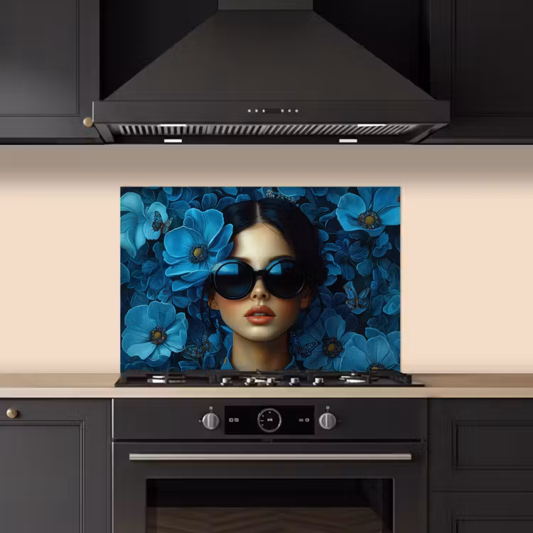 Kitchen splashback for hob - Woman - Flowers - Blue - Aesthetic - Luxury — 5