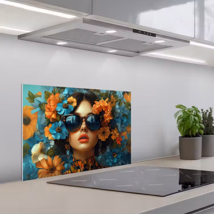 Kitchen splashback for hob - Woman - Flowers - Orange - Blue - Modern — 1
