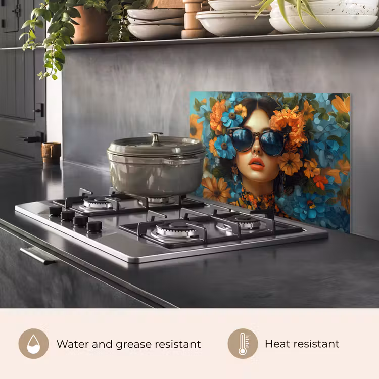 Kitchen splashback for hob - Woman - Flowers - Orange - Blue - Modern — 2