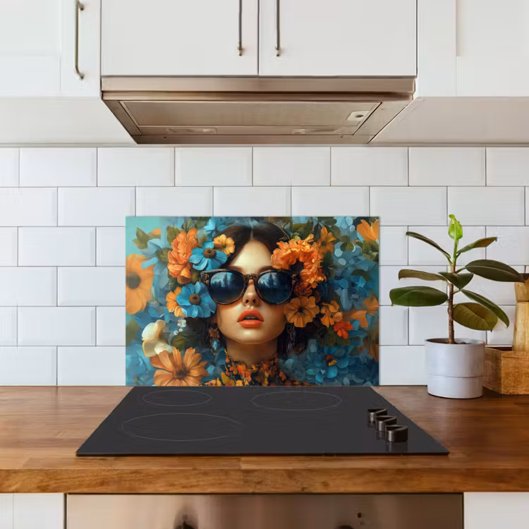 Kitchen splashback for hob - Woman - Flowers - Orange - Blue - Modern — 3