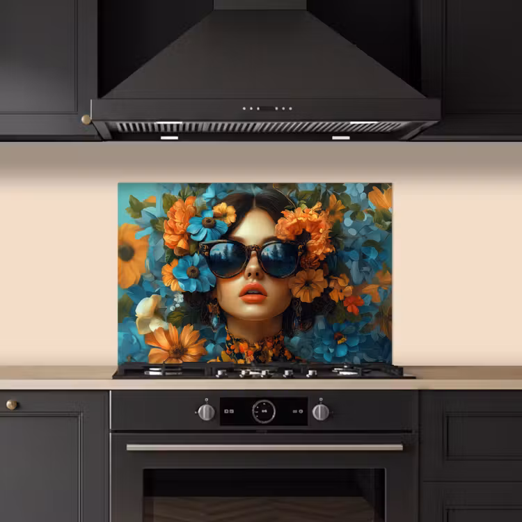 Kitchen splashback for hob - Woman - Flowers - Orange - Blue - Modern — 5