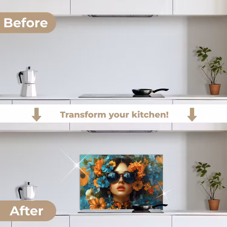 Kitchen splashback for hob - Woman - Flowers - Orange - Blue - Modern — 7