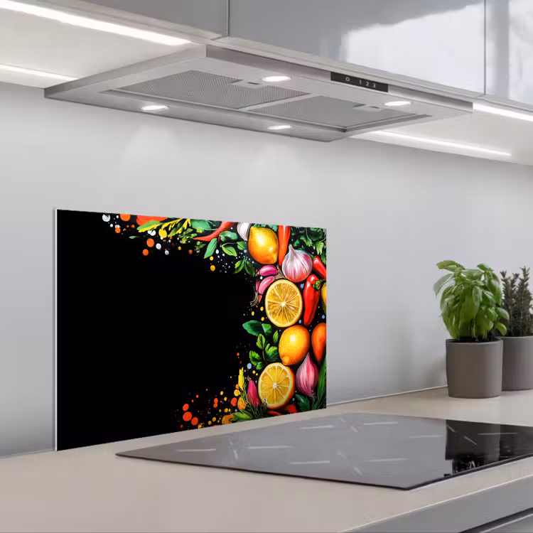 Kitchen splashback for hob - Lemons - Pepper - Herbs - Graffiti - Paint - Abstract — 1