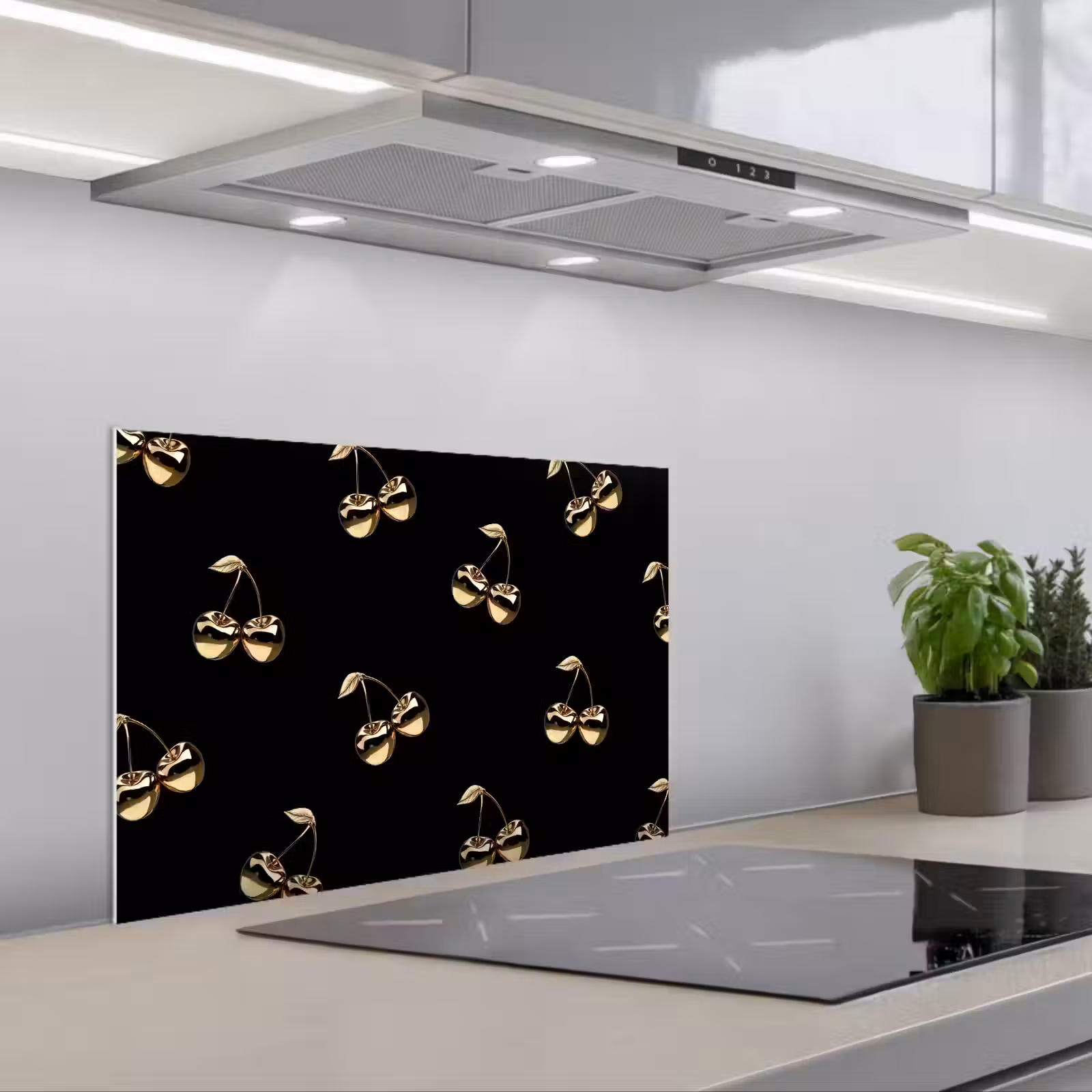 Kitchen splashback for hob - Pattern - Cherry - Gold - Chrome — 1
