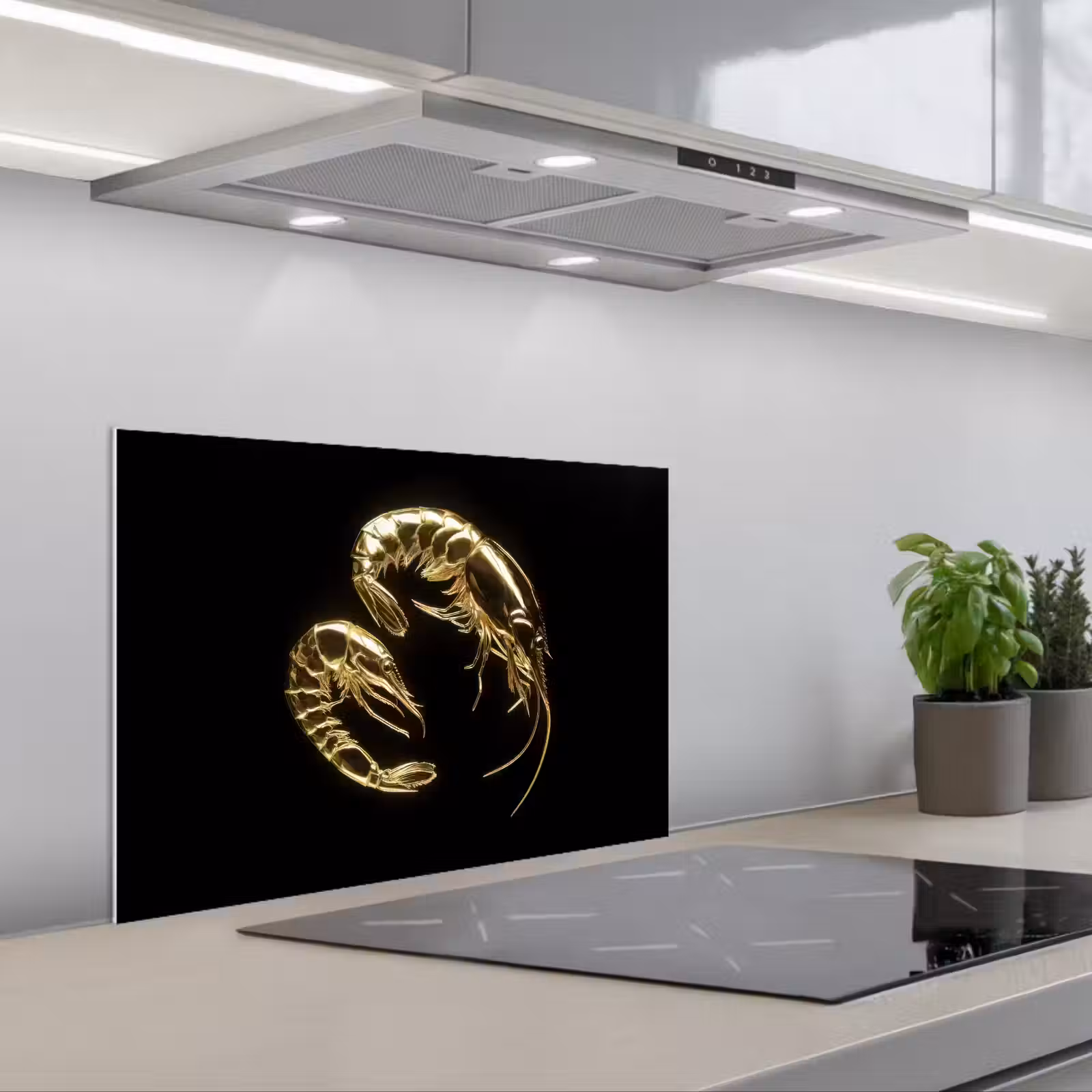 Kitchen splashback for hob - Shrimp - Black - Gold - Animals — 1