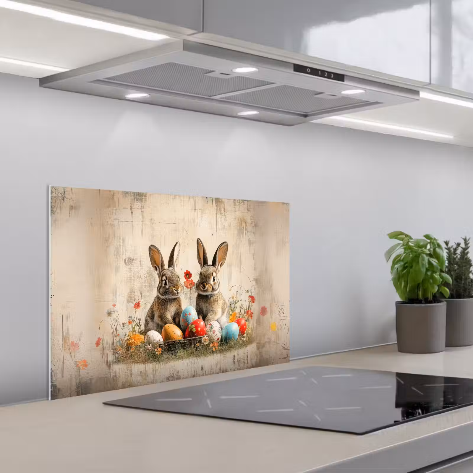 Kitchen splashback for hob - Rabbits - Flowers - Eggs — 1