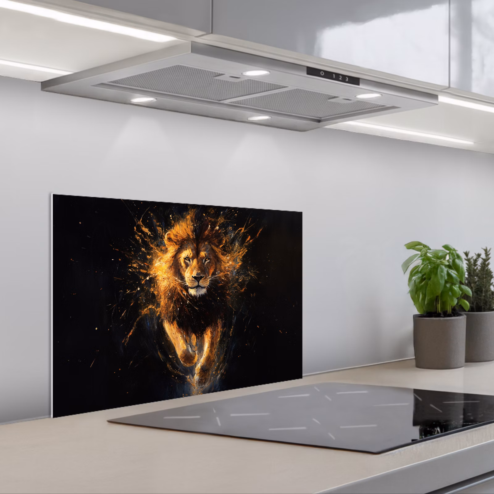 Kitchen splashback for hob - Lion - Black - Orange - Paint — 1