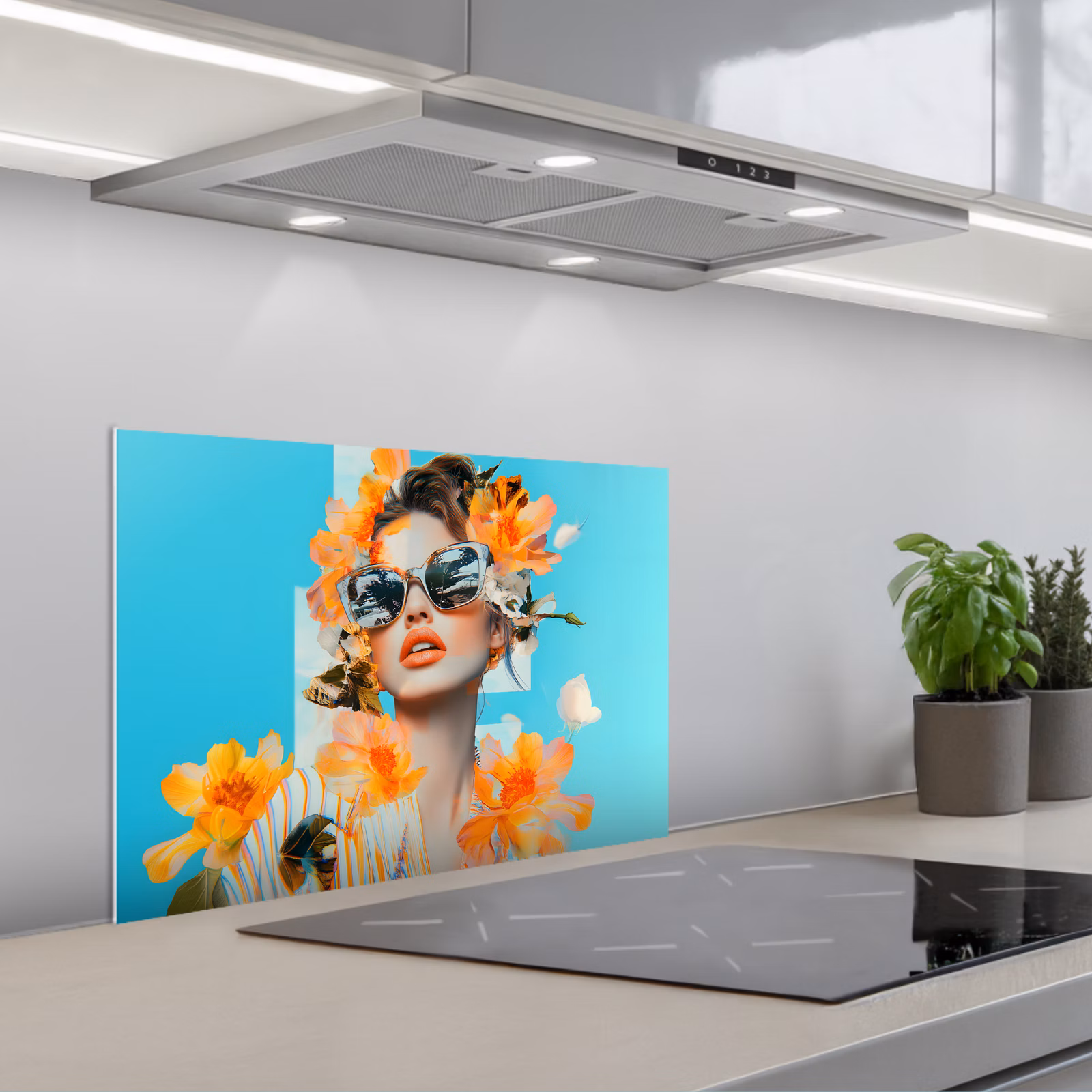 Kitchen splashback for hob - Flowers - Woman - Sunglasses - Blue — 1