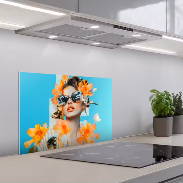 Kitchen splashback for hob - Flowers - Woman - Sunglasses - Blue — 1