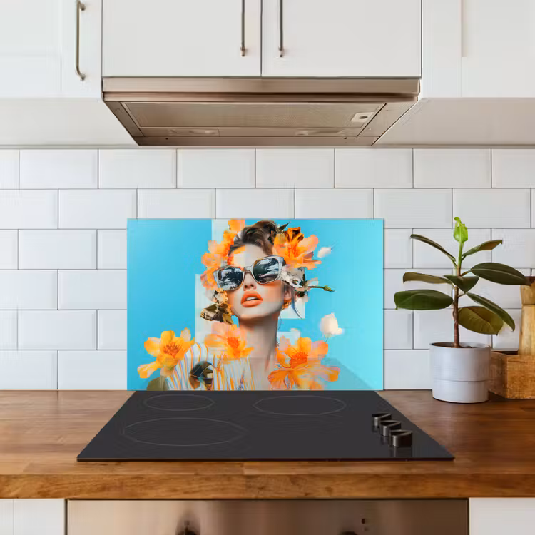 Kitchen splashback for hob - Flowers - Woman - Sunglasses - Blue — 3