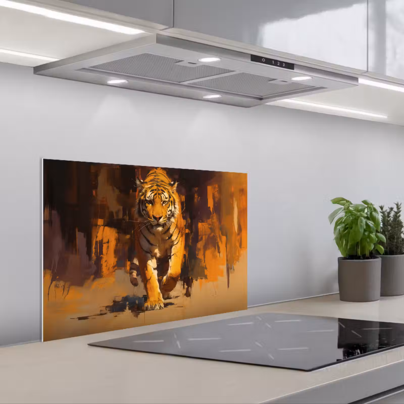 Kitchen splashback for hob - Tiger - Painted - Orange - Brushstrokes — 1