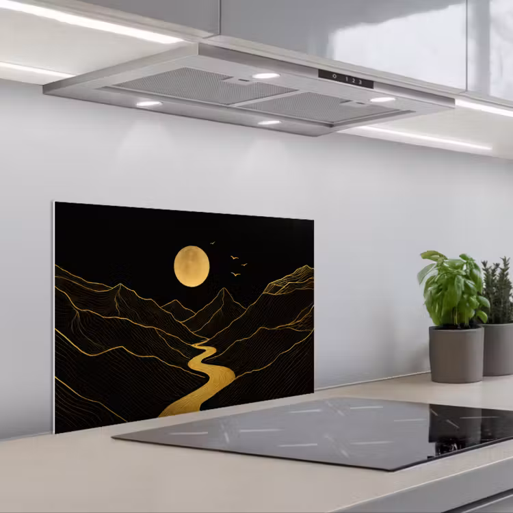 Kitchen splashback for hob - River - Gold - Moon - Birds — 1
