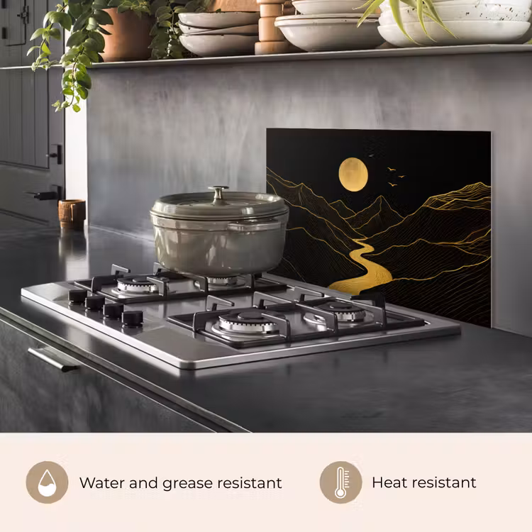 Kitchen splashback for hob - River - Gold - Moon - Birds — 2