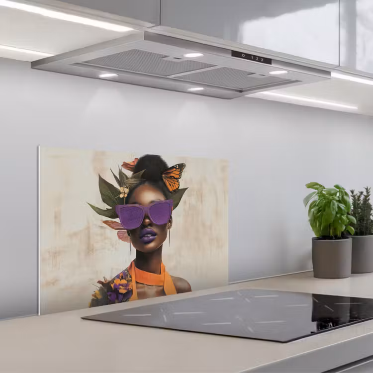 Kitchen splashback for hob - Woman - Sunglasses - Butterfly - Flowers — 1