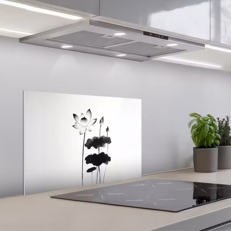 Kitchen splashback for hob - Leaves - Black - Lotus flower - Minimalist — 1