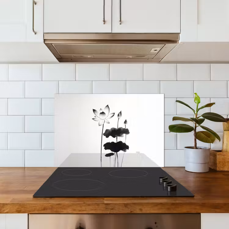Kitchen splashback for hob - Leaves - Black - Lotus flower - Minimalist — 3