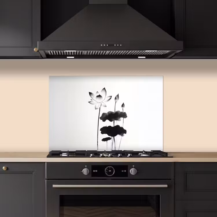 Kitchen splashback for hob - Leaves - Black - Lotus flower - Minimalist — 5
