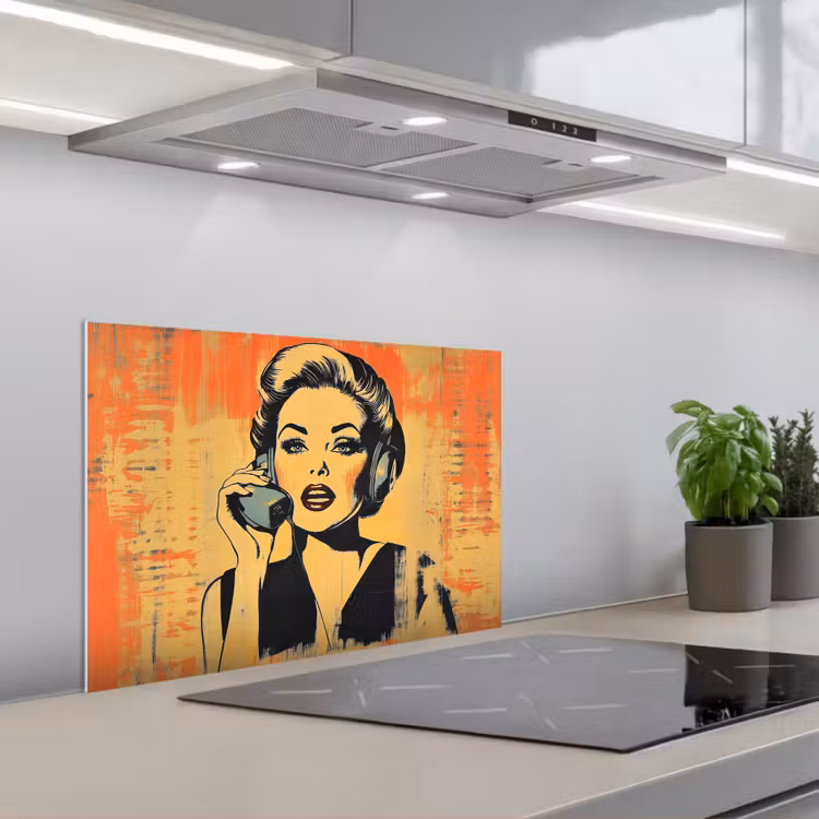 Kitchen splashback for hob - Retro - Woman - Headphones - Orange — 1