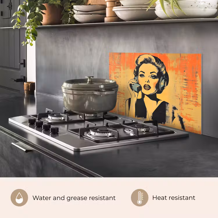 Kitchen splashback for hob - Retro - Woman - Headphones - Orange — 2